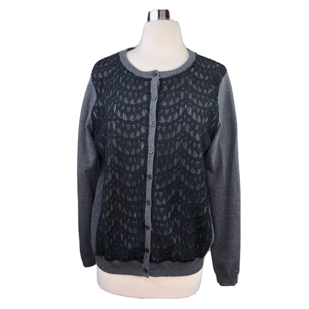 DOWNEAST Womens L Lace Front Cardigan Grey and Black